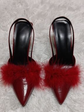 Women's Red Feather-Trim Slingback Heels